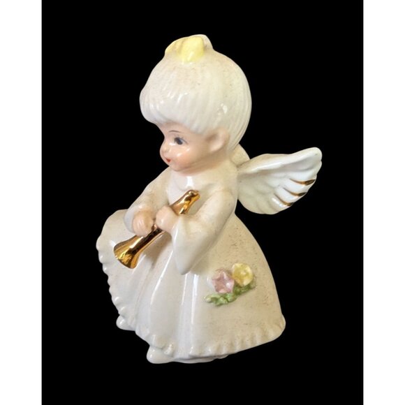 Lefton Porcelain Angel Figurine With Trumpet Gold Accents 3” White & Floral - Picture 4 of 10